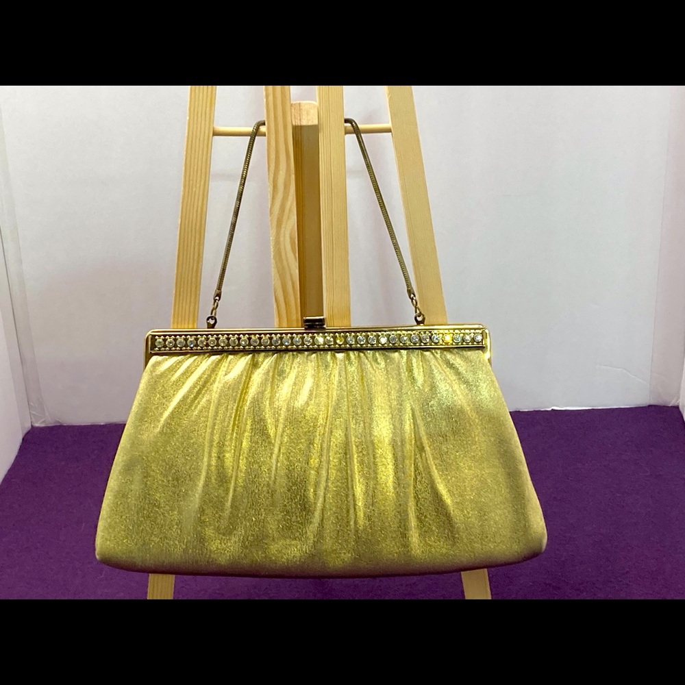 Vintage Harry Levine Gold Lame Clutch with Rhinestone front edge